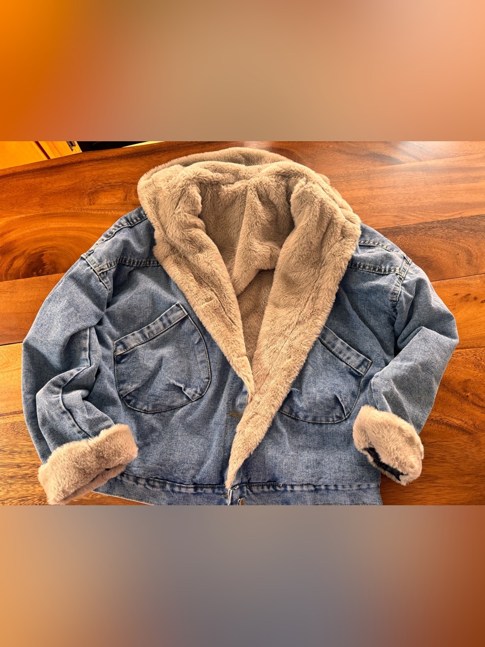 HOODED DENIM JACKET with faux fur lining. Cozy!!!  Size XL.